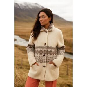 Icelandic Pure Wool Fair Isle Long Sleeve Toggle Coat Cream/Brown Women's Size M